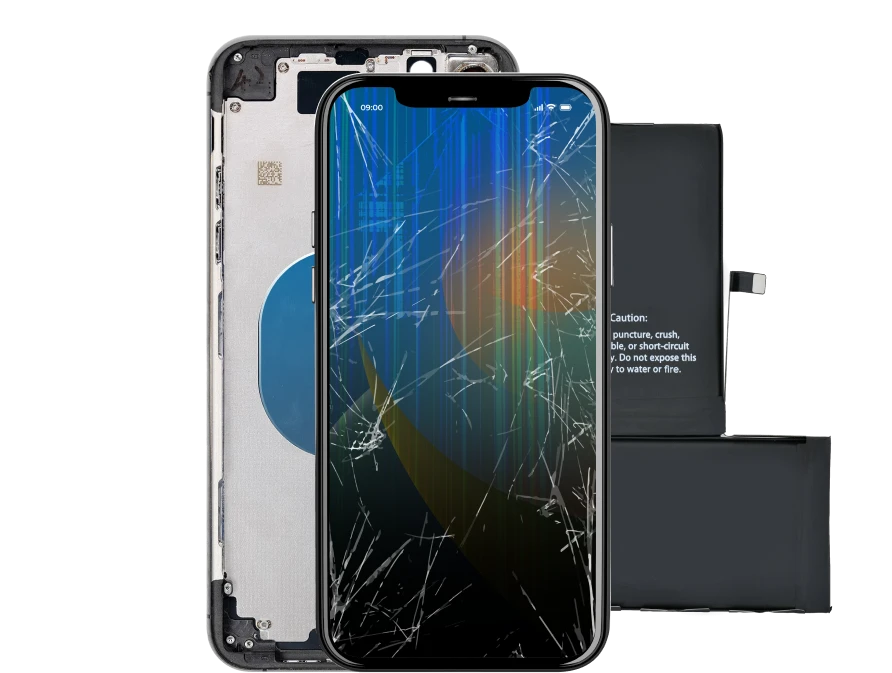 Opened phone with a cracked screen and a replacement battery